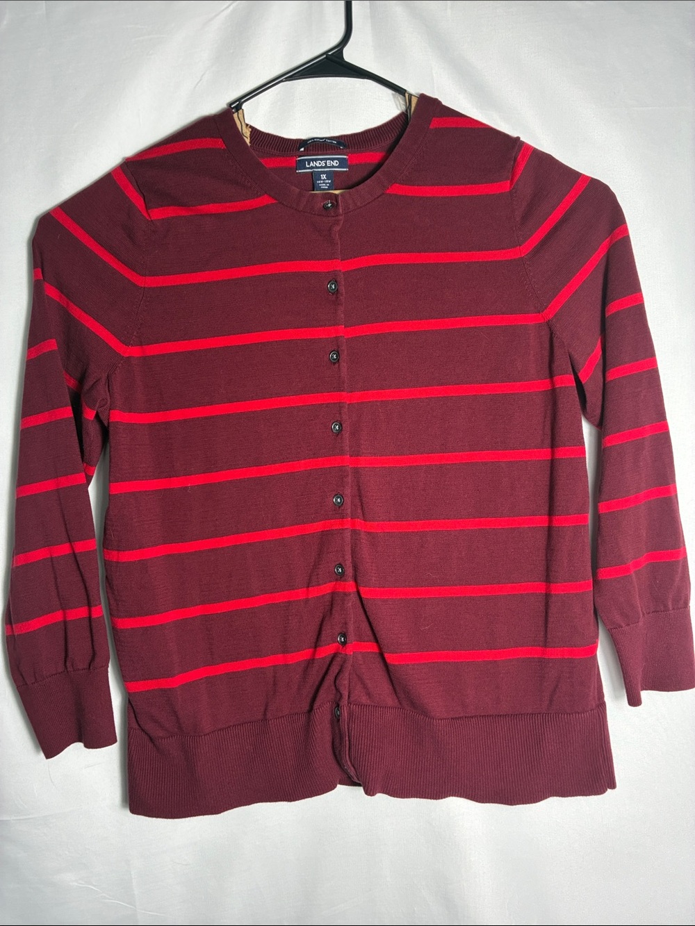 Lands' End Maroon Button Up Cardigan with Bright Red Stripes size 1X
